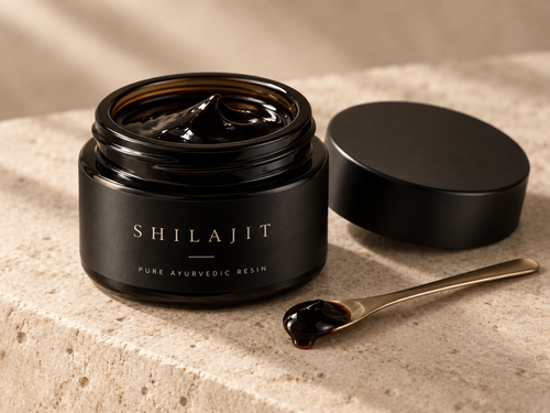 Open DHATVA Shilajit jar with resin and spoon